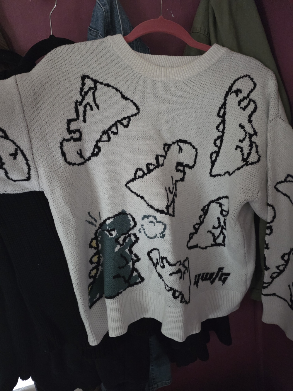 Aelfric Eden Cream Crewneck Sweater with Black Outline and Green Dino Accent